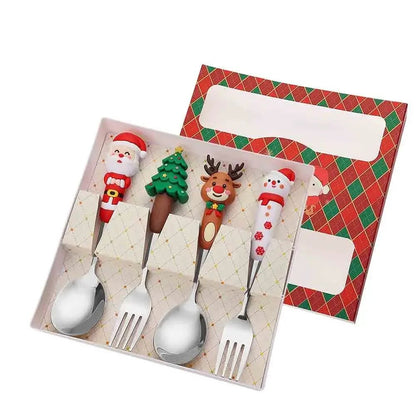 4PCS Christmas Cutlery Set Playful Silver Spoon and Fork Combination Reindeer and Christmas Tree Decorative Cutlery Gift Box