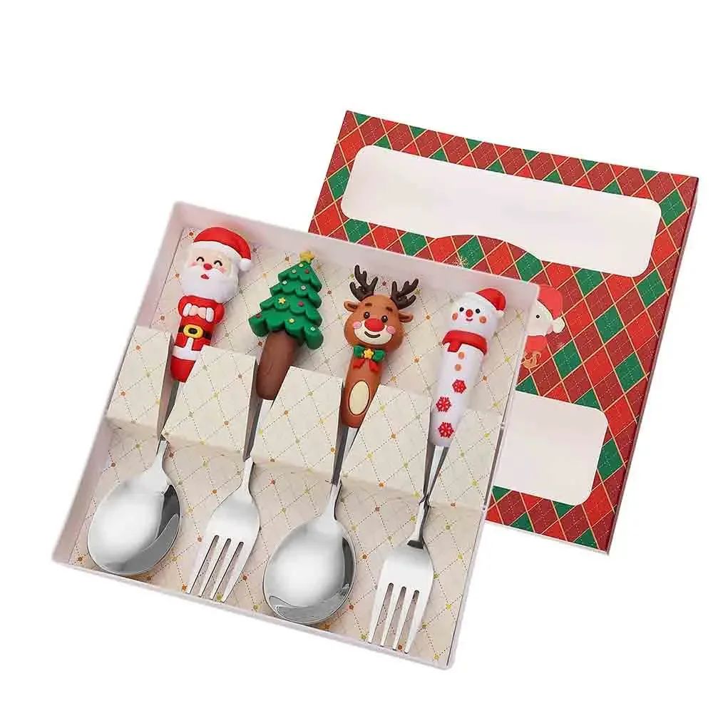 4PCS Christmas Cutlery Set Playful Silver Spoon and Fork Combination Reindeer and Christmas Tree Decorative Cutlery Gift Box