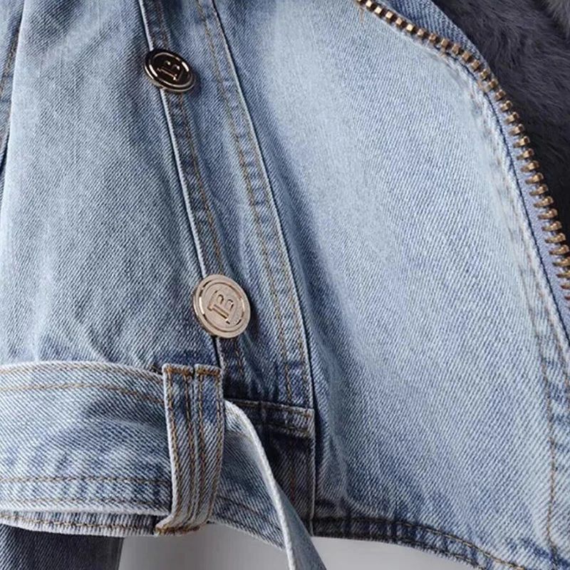New Winter Denim Jacket Women Fashion Overcoat Faux Fox Fur Collar Jean Coat Female Short Warm Parkas Rabbit Hair Lining Outwear