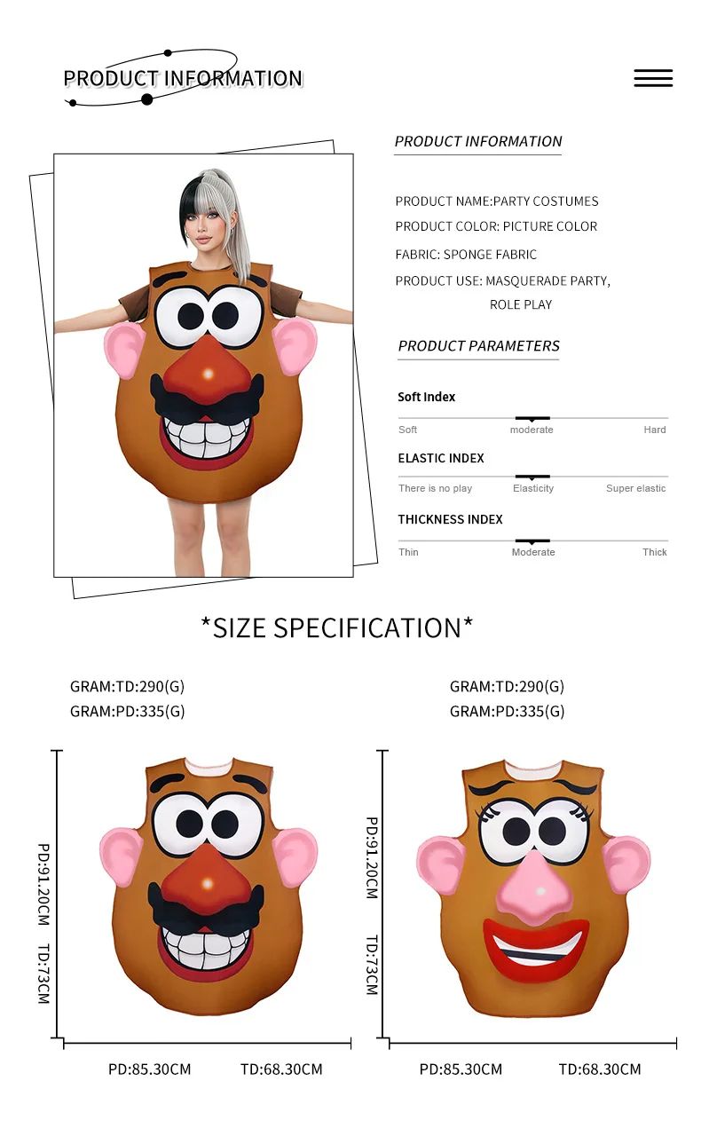 Funny Potato Head Costume Mr. and Mrs. Potato Head Matching Outfit Halloween Cosplay Tunic Couple Carnival Party Disguise Wear