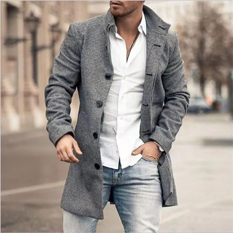 European and American Woolen Overcoat for Autumn and Winter. Korean Style Fashionable Men's Stand-up Collar Woolen Overcoat.
