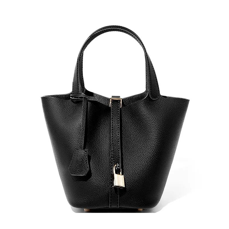 Genuine Leather Shoulder Bucket Bag Women Litchi Pattern Mini Basket Tote Soft Handbag Mommy Bride Wedding Bags with Lock