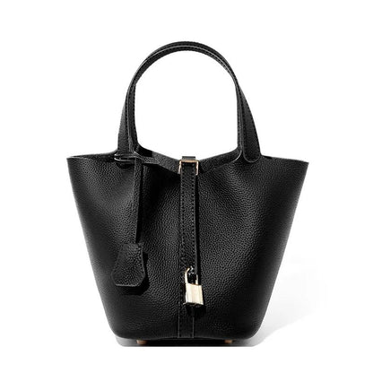 Genuine Leather Shoulder Bucket Bag Women Litchi Pattern Mini Basket Tote Soft Handbag Mommy Bride Wedding Bags with Lock