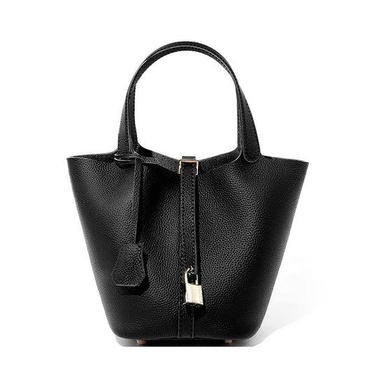 Genuine Leather Shoulder Bucket Bag Women Litchi Pattern Mini Basket Tote Soft Handbag Mommy Bride Wedding Bags with Lock