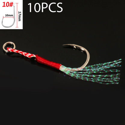 10 pçs/Lote Anzol Auxiliar Cast Jig Aço Carbono Ângulo Farpa Rosca Pena Isca Pesca Lento Jigging Mar Pesca Anzol