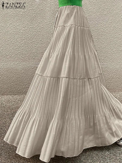 ZANZEA Plus Size 5XL Women Maxi Skirts 2025 Autumn Elastic Waist Pleated Long Skirt Casual Solid Color High Waist Ruffled Skirts