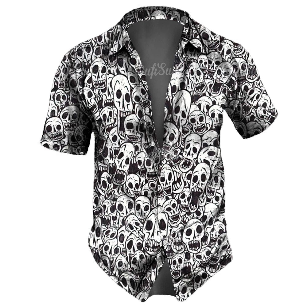 Men's casual Hawaiian lapel 3D horror skull retro printed button short sleeved shirt
