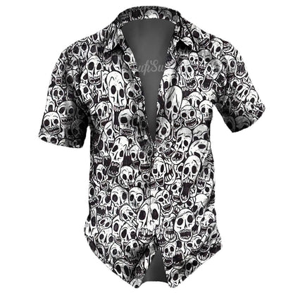 Men's casual Hawaiian lapel 3D horror skull retro printed button short sleeved shirt