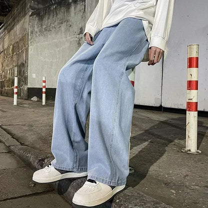 Spring Autumn New Men's Jeans Japanese Vintage Elastic Waist Casual Straight-leg Pants Trendy Wide-leg Trousers Loose Fit