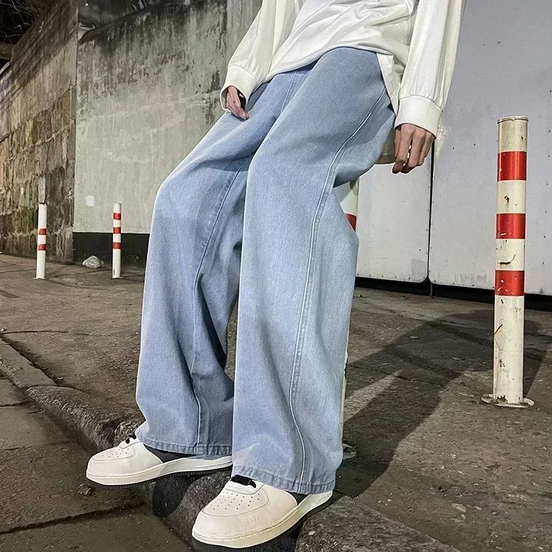 Spring Autumn New Men's Jeans Japanese Vintage Elastic Waist Casual Straight-leg Pants Trendy Wide-leg Trousers Loose Fit