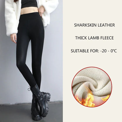 2024 Autumn Winter Velvet Thick Warm Leather Pants Women Elastic PU High Waist Leggings Black Casual Slimming Fleece Trousers