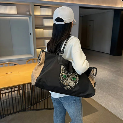 Large Capacity Travel Bag with Bear & Cat Design - Durable Oxford Fabric, Hand Washable, Ideal for Students, Fitness, Yoga