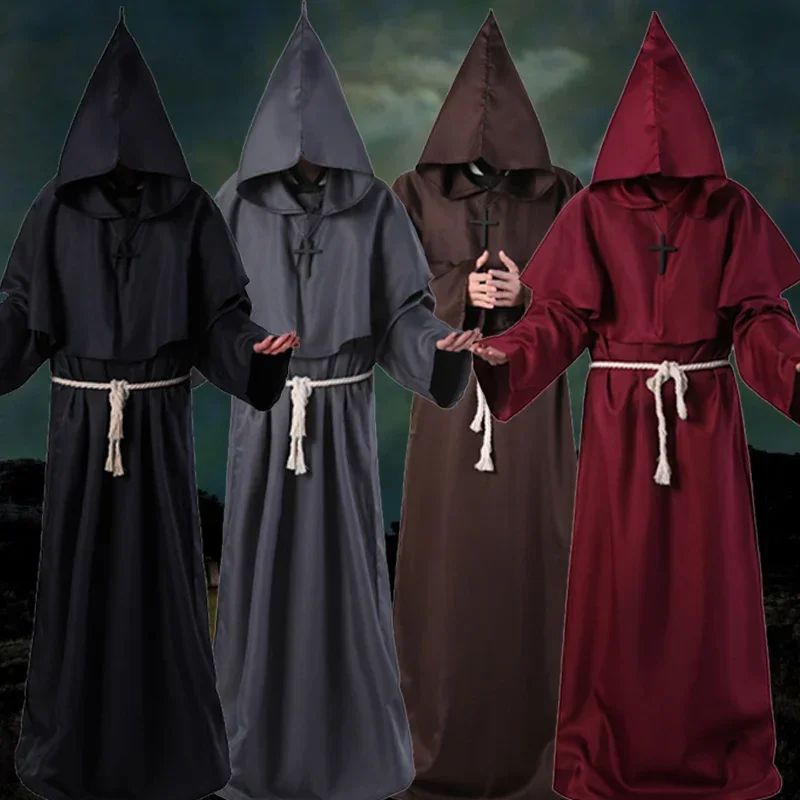 Retro Priest Robe Halloween Cosplay Costume Wizard Fancy Punk Cloak Mask Medieval Monk Robe Hooded Monk Cowl
