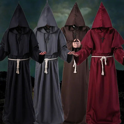 Retro Priest Robe Halloween Cosplay Costume Wizard Fancy Punk Cloak Mask Medieval Monk Robe Hooded Monk Cowl