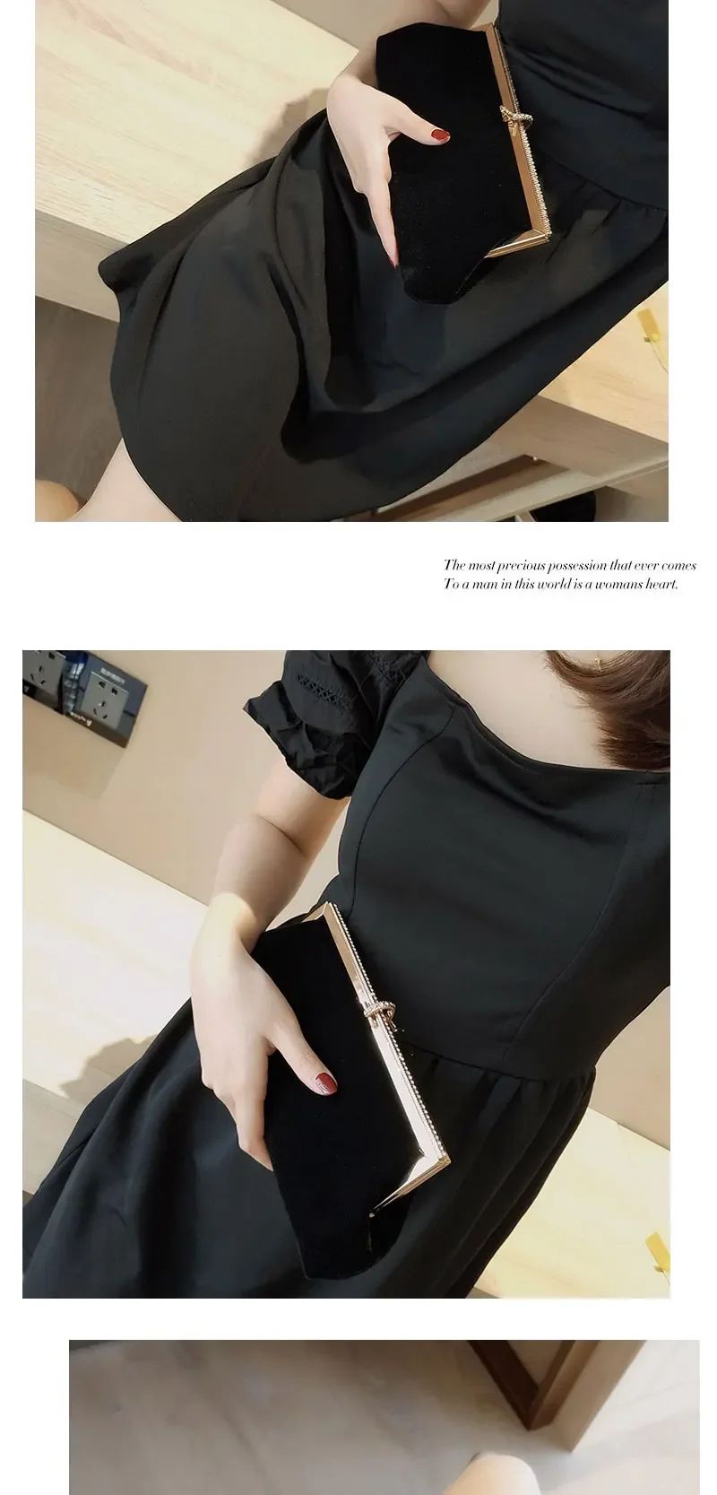 Women Retro Black Velvet Evening Clutch Bag Glitter Rhinestone Buckle Banquet Party Ladies Handbag Purse with Chain