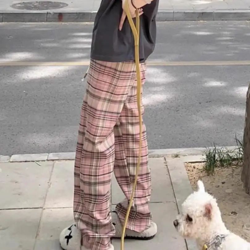 Lamb Velvet Fleece Lined Plaid Wide Leg Pants High Waist Straight Cut Winter New Casual Trousers for Women Korean Style