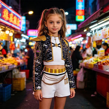 Girls Black?Gold 3D Printed Jacket Shorts Cosplay Set Kids Outfit for Stage Show Birthday Party Halloween Carnival Dress?Up