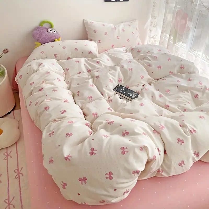 3pcs Pink Bow Duvet Cover Set with 2 Pillowcases, Cozy and Breathable Quilt Cover Suitable for All Seasons