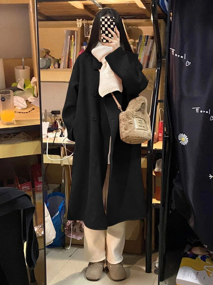 Winter Long Pink Woolen Coat French Hepburn Style Loose Casual Slimming Knee-Length Tweed Outerwear Women's Fashion