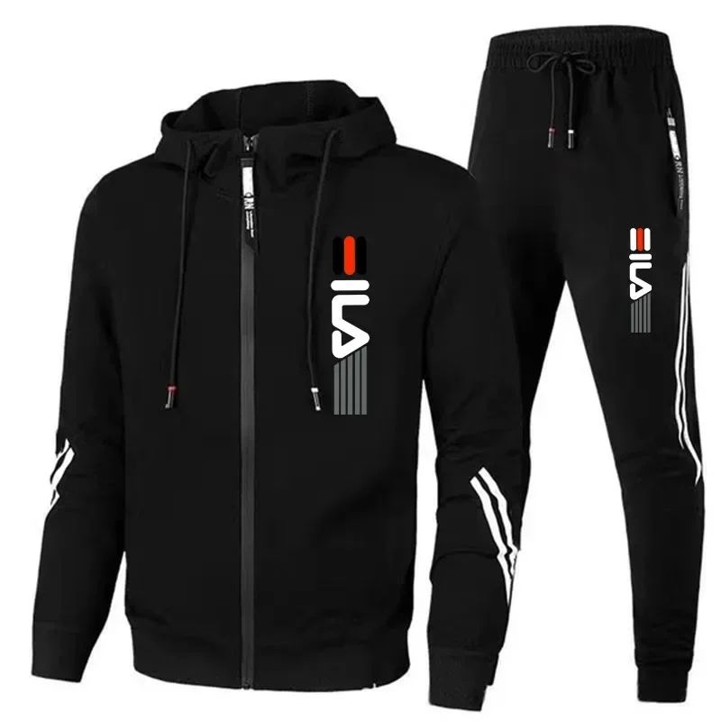 New striped men's autumn and winter jogging fitness set, casual sportswear set, 2-piece zippered sweatshirt + sweatpants set