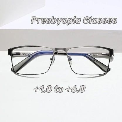 Óculos de Leitura Masculinos Retangulares de Metal com Armação Grande, Hastes Flexíveis, Óculos de Presbiopia para Idosos com Bloqueio de Luz Azul e Proteção para os Olhos