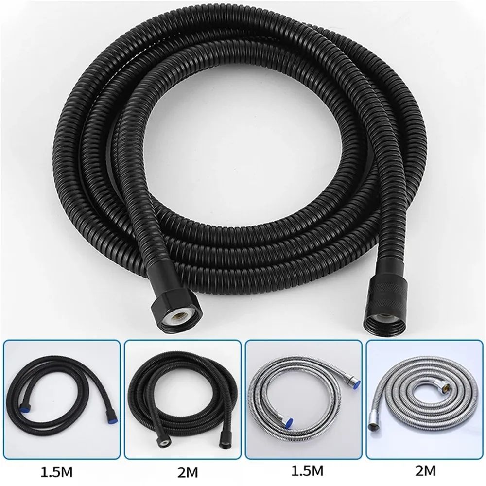 1,5/2M Mangueira de chuveiro flexível preta/prata SUS 304 Tubo de chuveiro longo para banheiro Extensão de tubo de água Tubo de puxar Acessórios para banheiro
