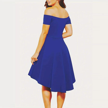 Off-Shoulder Elegance Women’s Asymmetrical Midi Dress - Solid Slim-Fit Season-Versatile Comfort Stretch