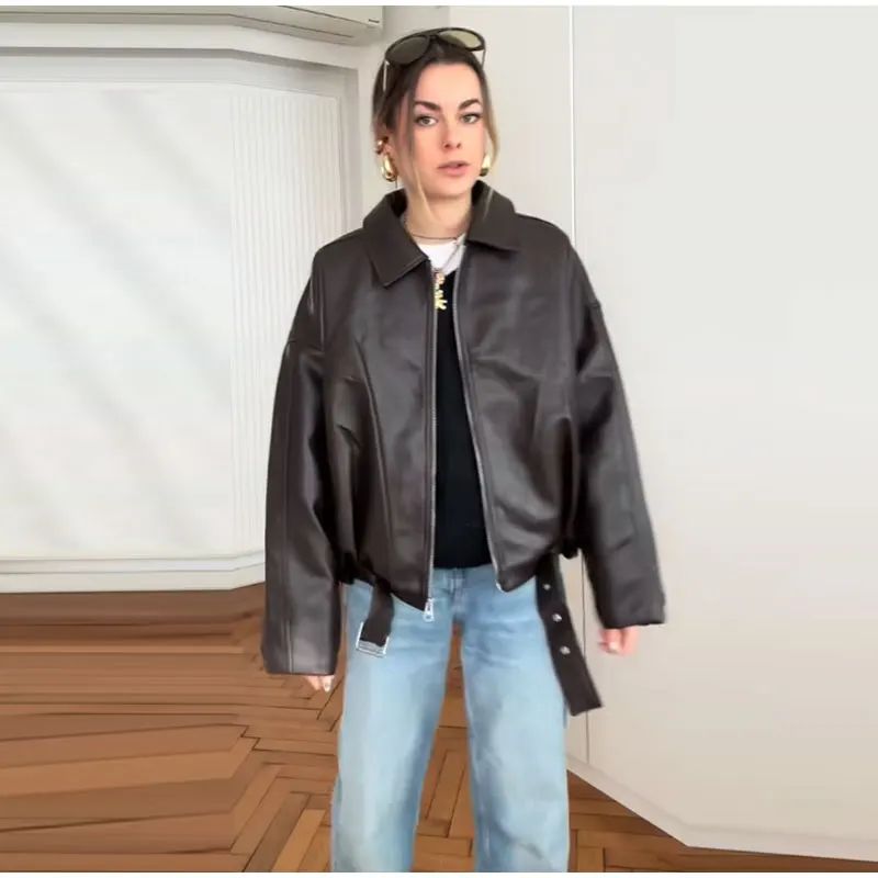 Vintage PU Leather Bomber Jackets 2025 Autumn New Ladies Zipper Lapel Long Sleeve Pocket Coat With Belt Women's Loose Streetwear
