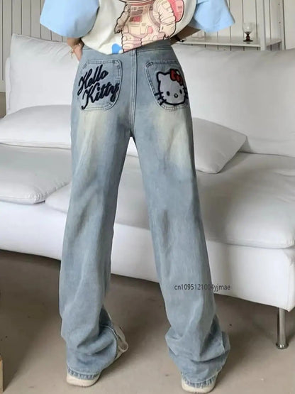 New Hello Kitty Wide Leg Pants Women's Spring Girl China-Chic Embroidery Loose Skinny Straight Leg Denim Pants Straight Trousers