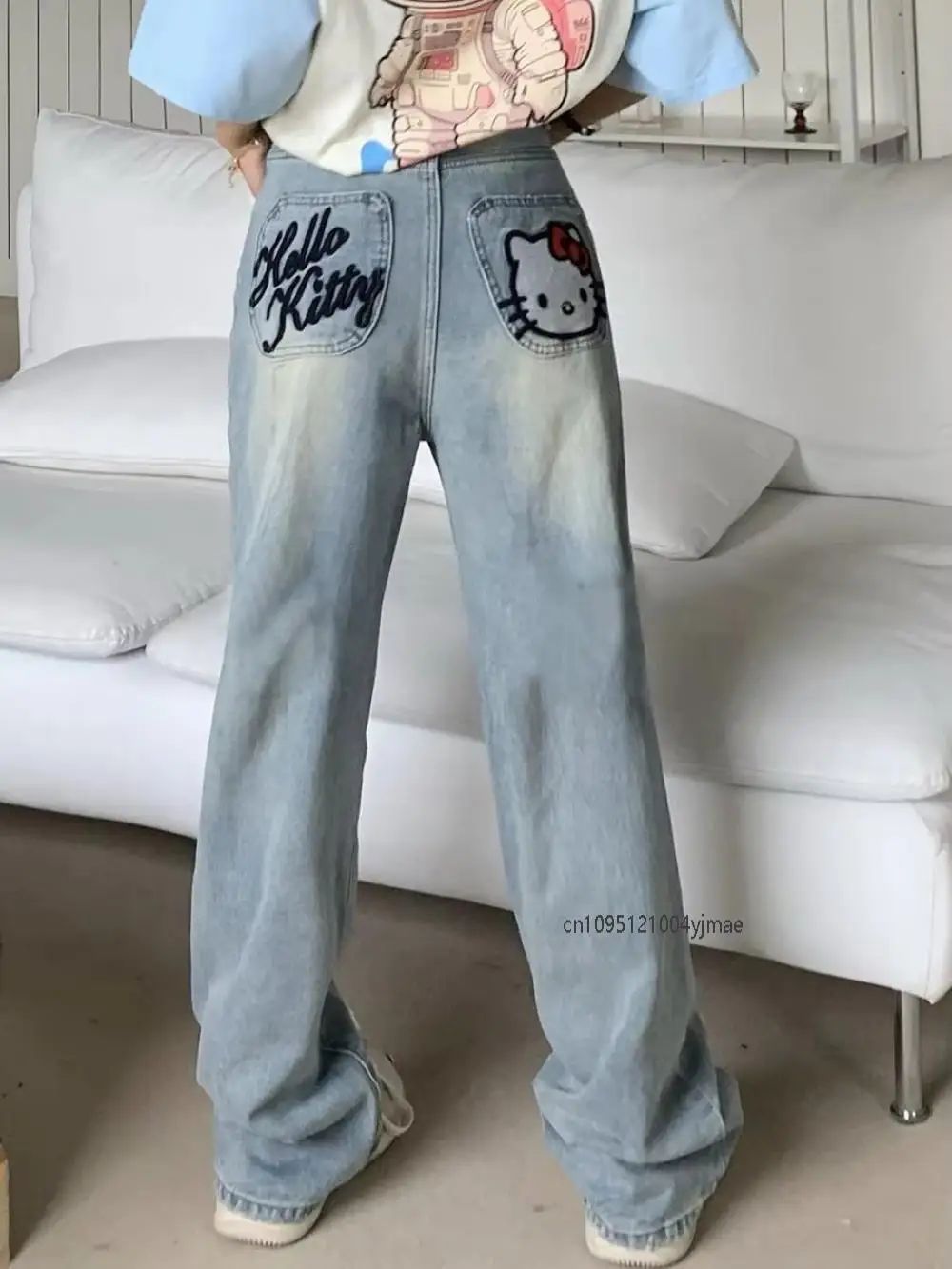 New Hello Kitty Wide Leg Pants Women's Spring Girl China-Chic Embroidery Loose Skinny Straight Leg Denim Pants Straight Trousers