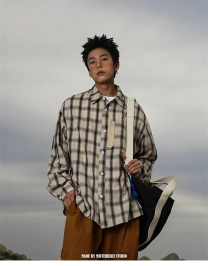 Autumn Y2K Vintage Plaid Shirts For Men Long Sleeve Button Up Blouse Korean Fashion Zip Pocket Cargo Shirt Streetwear Clothes