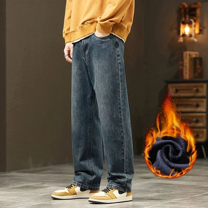 Thick Vintage Jeans Men's Winter Straight Warm Fleece Baggy Thermal Denim Trousers Fashion Korean Wide Male Plush Pants