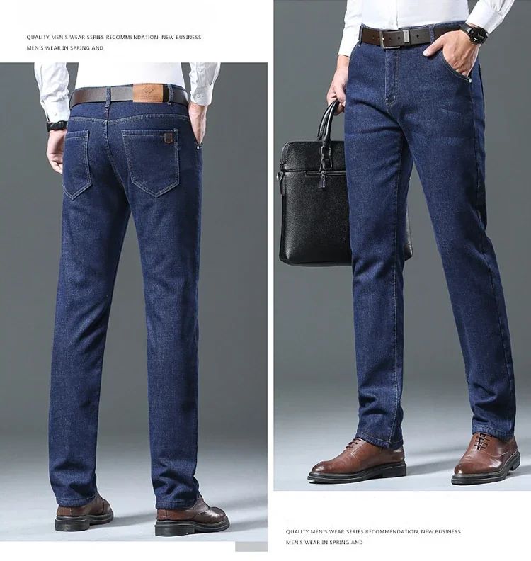 Calça Jeans Masculina de Inverno Forrada de Lã Grossa Sherpa Casual de Negócios Veludo Reta Masculina de Lã Pelúcia Clássica Elástica