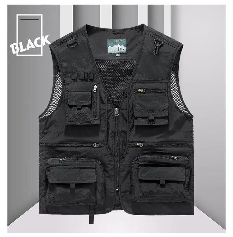 Colete Masculino de Malha com Vários Bolsos Secagem Rápida Sem Mangas Jaqueta Repórter Solto Casual Fino para Pesca Colete Masculino