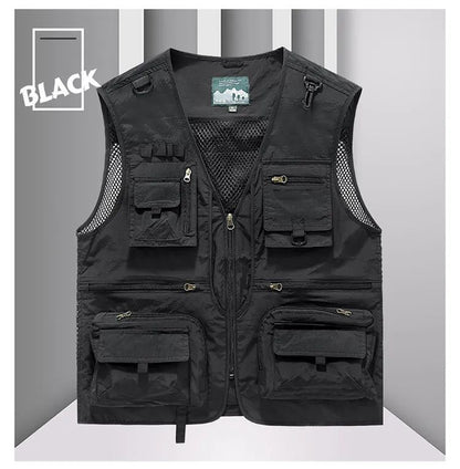 Colete Masculino de Malha com Vários Bolsos Secagem Rápida Sem Mangas Jaqueta Repórter Solto Casual Fino para Pesca Colete Masculino