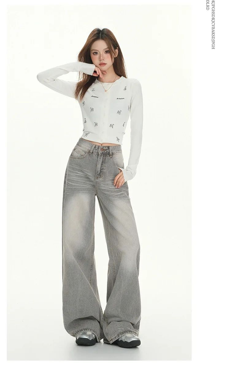 Gray American High Street Wide Leg Jeans Women Loose Drapey Slim Straight Floor-Length Pants High Waist Button Decoration