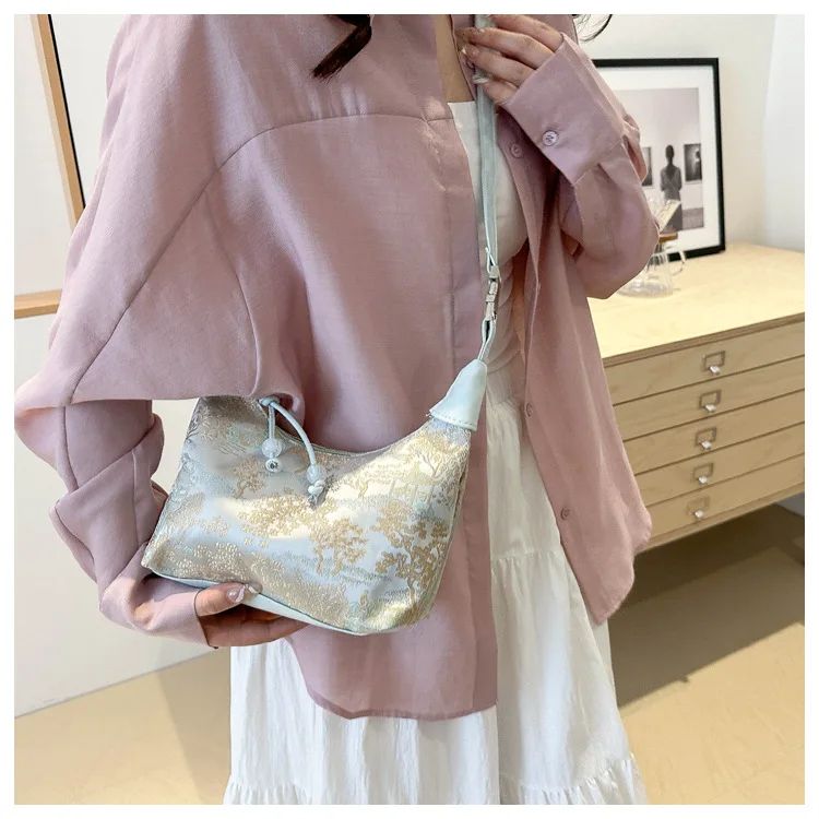 Sweet Embroidery Shoulder Bag Nylon Texture Pearl Pendant Crossbody Bag Small Bucket Handbag Women Canvas Luxury Cheongsam Bag
