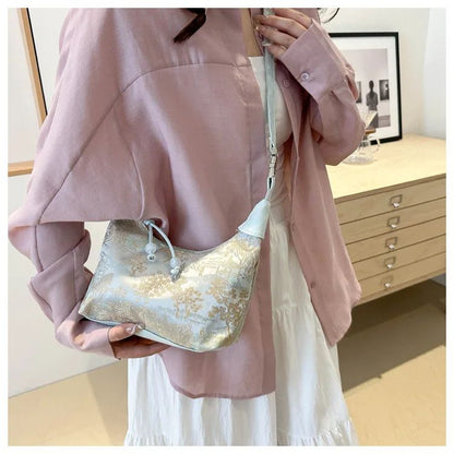 Sweet Embroidery Shoulder Bag Nylon Texture Pearl Pendant Crossbody Bag Small Bucket Handbag Women Canvas Luxury Cheongsam Bag