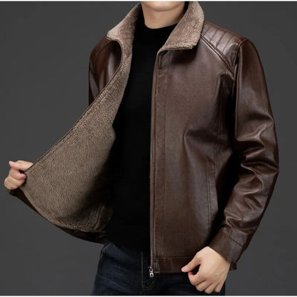 Men's Autumn and Winter Long Sleeved Leather Jacket with Fleece Collar for Warmth and Fashion Leather Jacket Men