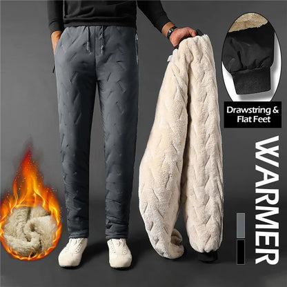 Calça Moletom Masculina de Inverno de Pelúcia Grossa com Lã de Cordeiro, Calça Térmica Casual, Calça de Algodão Quente, Impermeável e à Prova de Vento