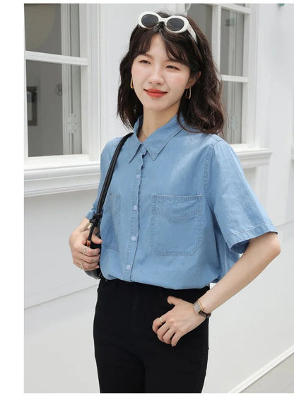 Vintageblueshort Sleeves Thin Denim Shirt 2024 Summer New Casual Loose-Fit Hong Kong Style Petite Top For Women