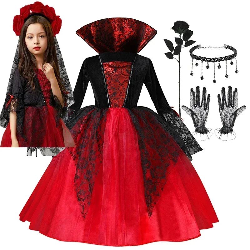Kids Girls Cosplay Gothic Dark Ghost Bride Witch Vampire Halloween Costume Red Black Tutu Dress Wig Veil Kits Trick or Treat