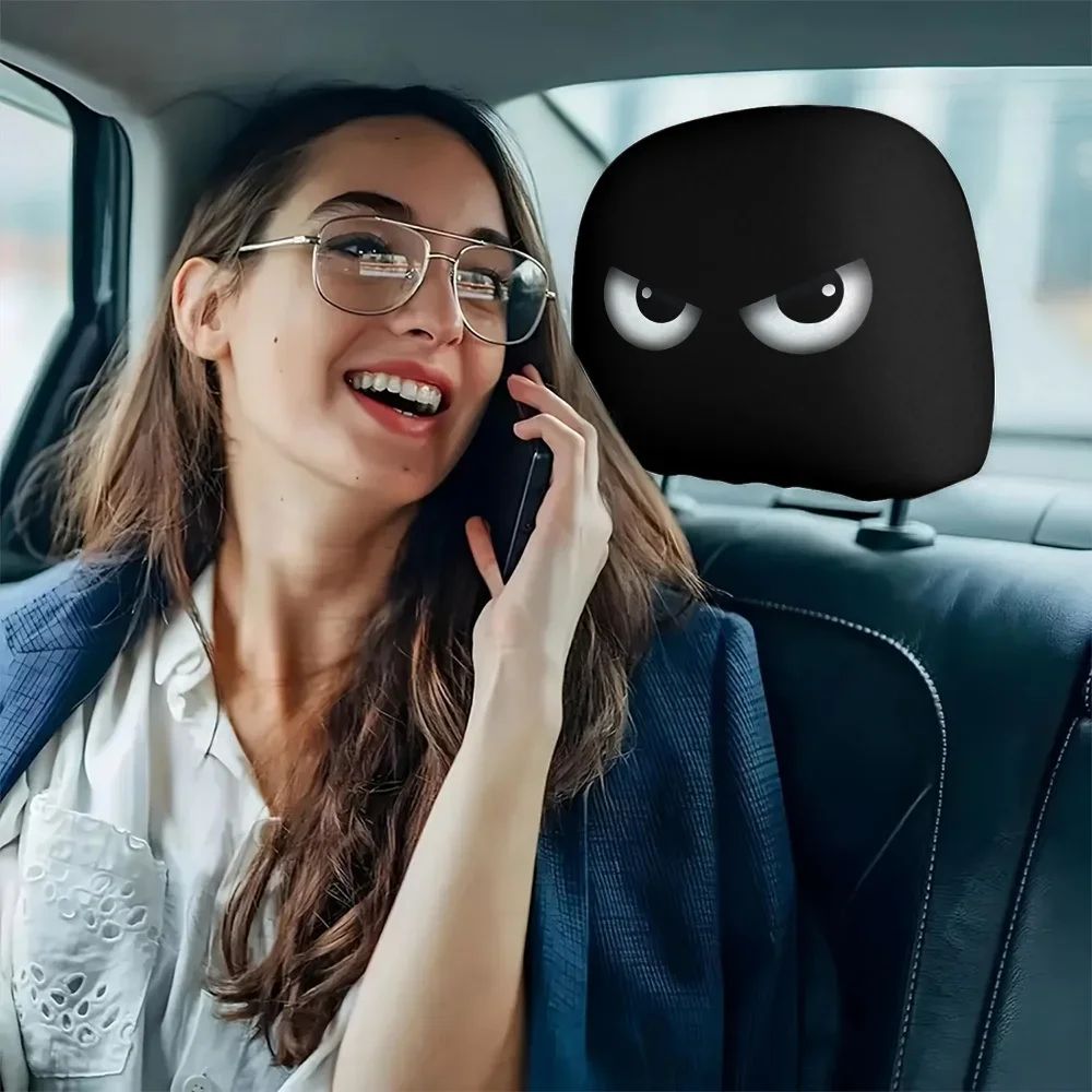 2PCS Funny Slanted Eyes Cartoon Print Car Headrest Cover for Halloween Christmas Holiday Automobile Interior Decoration