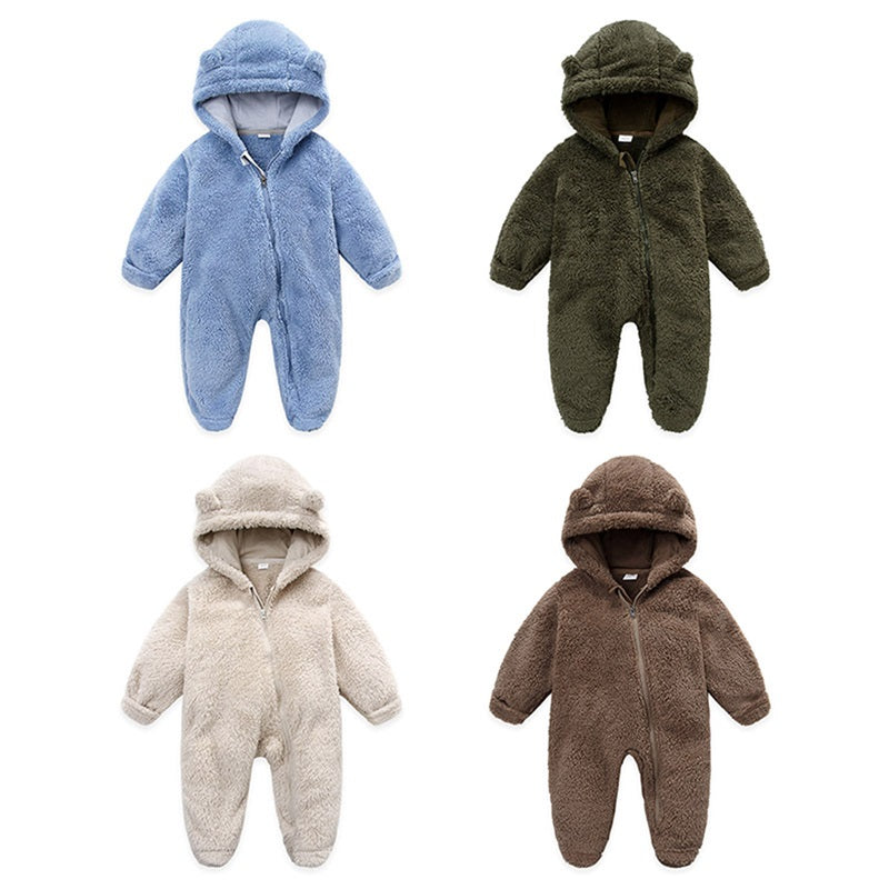 0-12M Baby Plush Warm Jumpsuits Boys Girls Long Sleeve Hooded Zipper Romper Newborn Infant Fall Winter Clothes