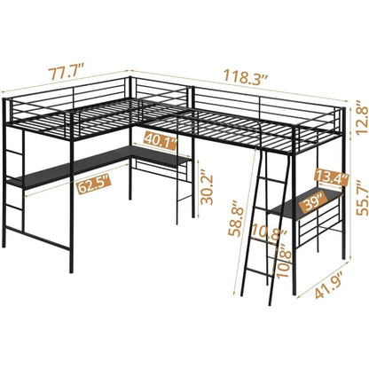 Twin Size L-Shaped Loft Bed with 2 Built-in Desks Metal Heavy-Duty Bunk with Safety Guard Rail And 2 Ladders Corner Bed