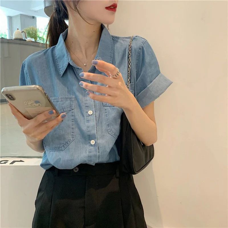 Summer Korean Denim Short Sleeve Shirt Women 2025 Pockets Loose Turn Down Colllar Shirts Woman Chic Single Breasted Jeans Blouse