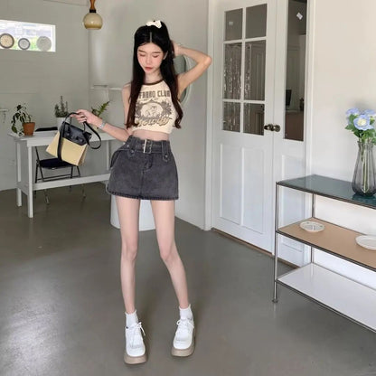 Plus Size High Waist Denim Mini Skirt for Women in Black Grey plus Size Slimming Summer New Style Short Skirts Sexy Girl Hong...