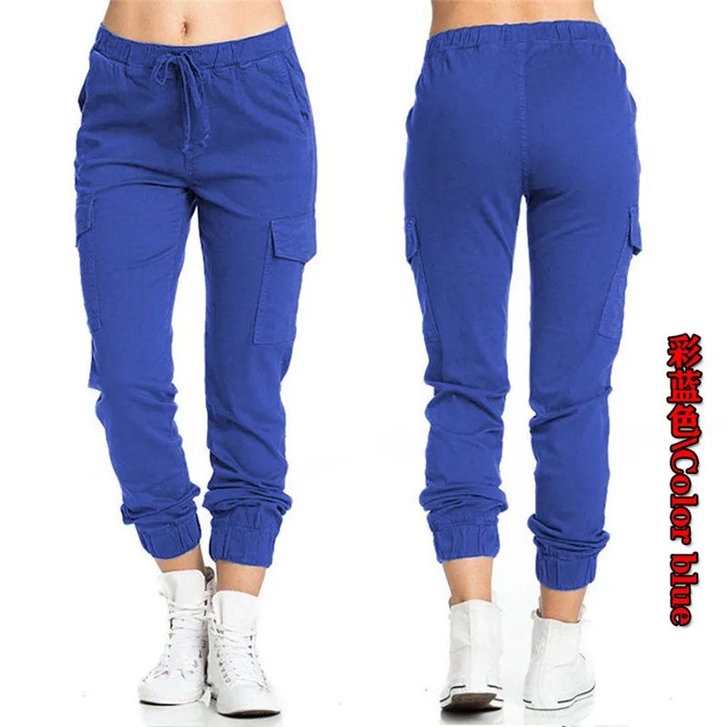 2022 New Solid Jogger Women's Cargo Pants Multi-Pocket Drawstring Elastic Waist Women Sports Pants Streetwear Casual Long Pant