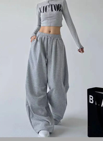 Calça Esportiva Cinza de Cintura Alta Solta Masculina Feminina Casual Perna Larga Calças Estilo Primavera Outono Confortável Moletom Roupa de Trabalho