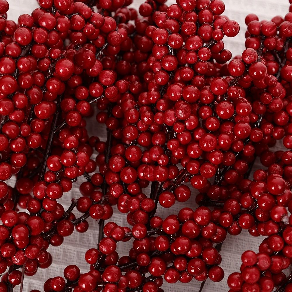 50/1branch Christmas Artificial Berries Stem Red Holly Berry Fake Flowers Plant for Xmas Tree New Year Party Home Decor Ornament
